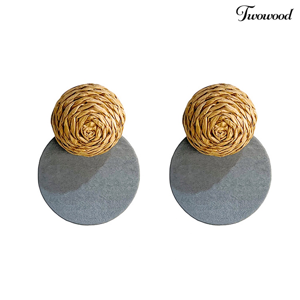 Twowood 1pasang Ear Studs Retro Rustic Gaya Simple Kasual Artistik Kayu Cincin Berongga Raffia Straw Splicing Wanita Anting Untuk Pacaran