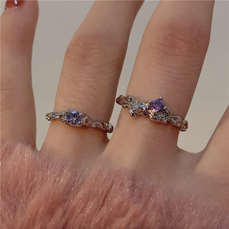 2pcs/set Cincin Kristal Ungu Set Zirkon Cincin Pembukaan Adjustable Untuk Aksesoris Perhiasan Wanita