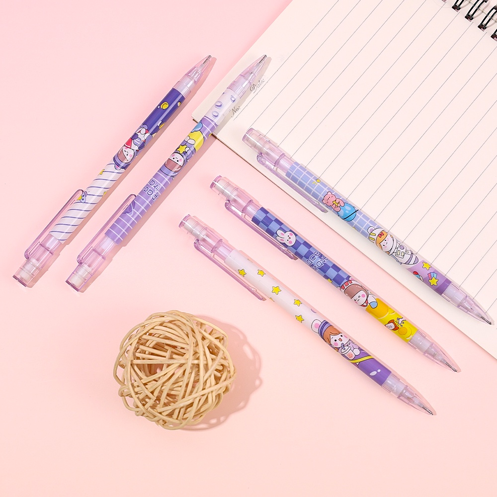 Kartun Purple Planet Pensil Otomatis/Dream Girl Sweet Erasable Diary Hitam Push Pen