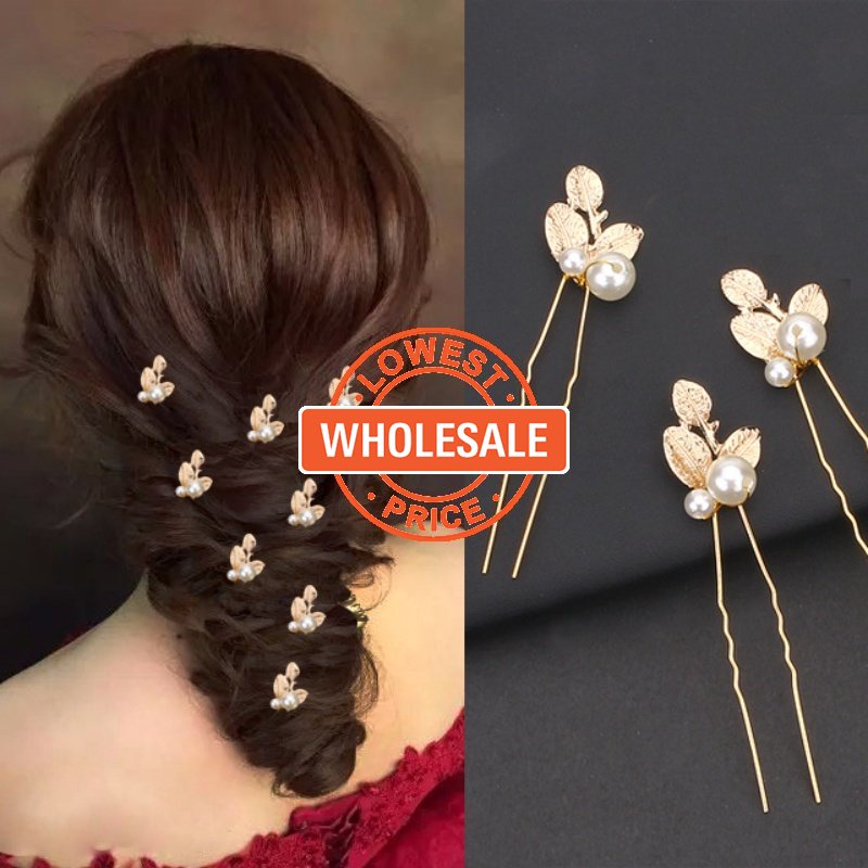 [Harga Grosir] Rambut Wanita Hias Hiasan Kepala Pengantin Daun Emas Jepit Rambut Fashion Prom Alloy Hair Pin Gaya Eropa U-shaped Pearl Hair Fork