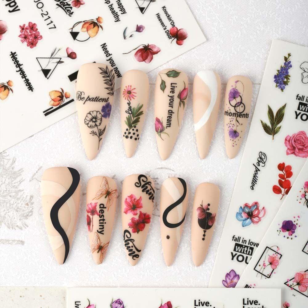 Mxbeauty Bunga Stiker Kuku Musim Semi Perekat Diri Daun Kupu-Kupu Huruf Inggris Dekorasi Kuku
