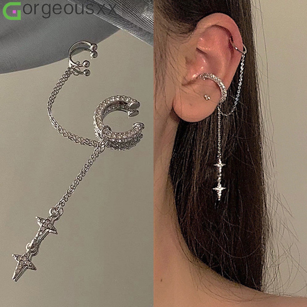 Shiny Silver Color Kristal Rumbai Tanpa Tindik Cuff Ear Clip Earring Untuk Wanita Berlian Imitasi Bintang Palsu Perhiasan Tindik Tulang Rawan