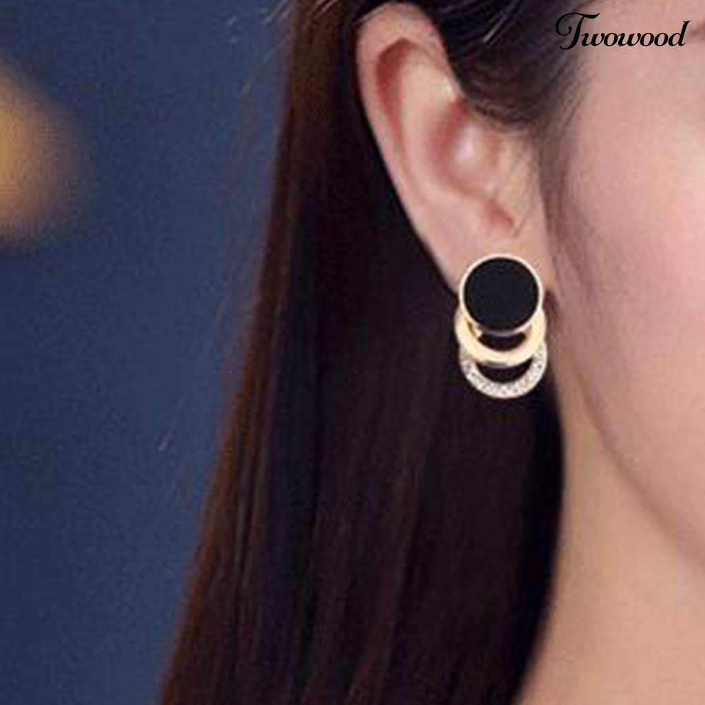 Twowood 1pasang Ear Studs Multi-layer 3cincin Bulat Lingkaran Hitam Hadiah Fashion Perhiasan Berlian Imitasi Berkilau Wanita Anting Untuk Harian