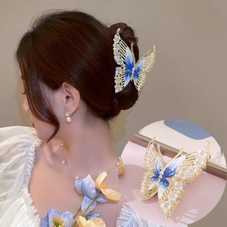 Korea Alloy Kupu-Kupu Mutiara Berlian Imitasi Rambut Klip Bunga Kristal Jepit Rambut Ponytail Holder Woman Hair Accessories