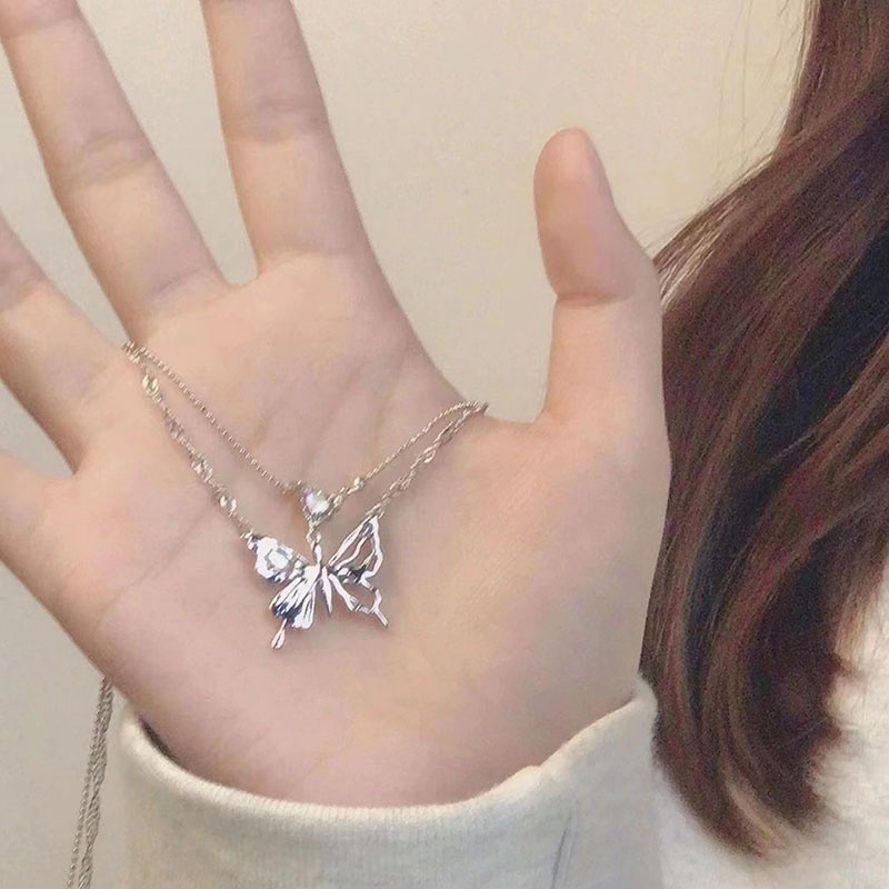 Ladies Fashion Alloy Rhinestone Heart Butterfly Necklace