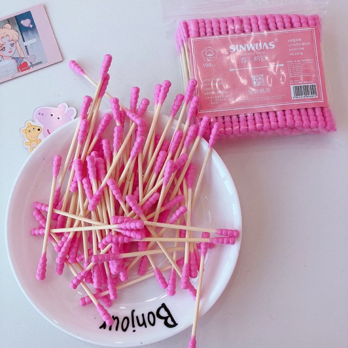 (Pimenova) 100pcs Cotton Swabs Pack Baby Thin Cotton Bud Berwarna Ganda-Spiral Ujung Kapas Sanitary Cotton Swab Small