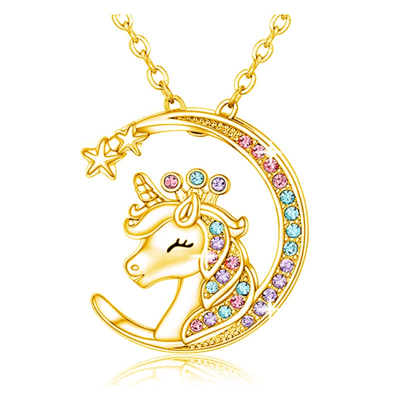 Fashion Berlian Berwarna Sabit Liontin Kalung Pria Dan Wanita retro unicorn Bulan Kalung Kepribadian Kerah Kalung Kalung Hadiah