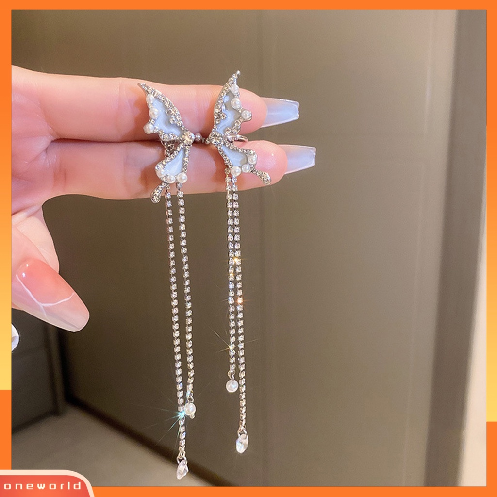 [OWR] 1pasang Manset Telinga Non-Piercing Rumbai Panjang Mutiara Imitasi Peri Elegan Berlian Imitasi Kupu-Kupu Tulang Rawan Klip Anting Perhiasan Fashion