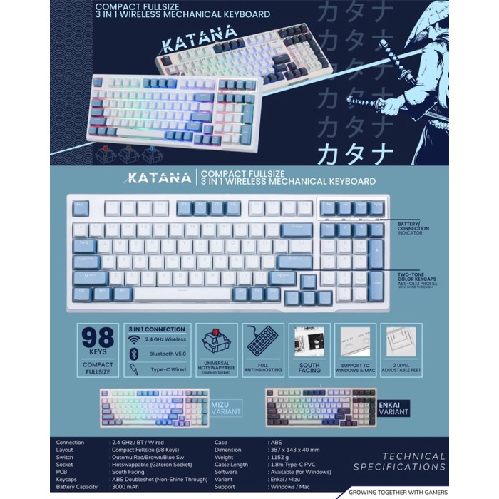 Sades Katana Wireless Mechanical Gaming Keyboard 96% Hotswapable