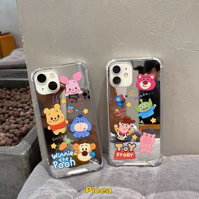 IPHONE Case Cermin Make Up Kartun Disney Winnie The Pooh Manyo Kompatibel Untuk Iphone11 13 12 Pro Max XR X XS Max8 7 Plus SE 2020 7Plus Toy Story Lucu Alien Phone Cover