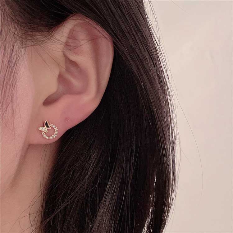 Ol Perak Gaya Anting Kupu-Kupu Berlian Mutiara Emas Baja Titanium Wanita Fashion Perhiasan Stud Earrings