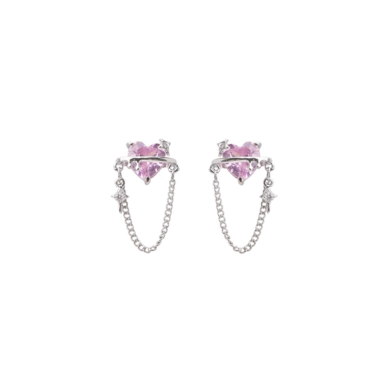 Sweet Pink Zircon Heart Earrings for Women Cool Fringed Silver Earring Accessories Jewelry