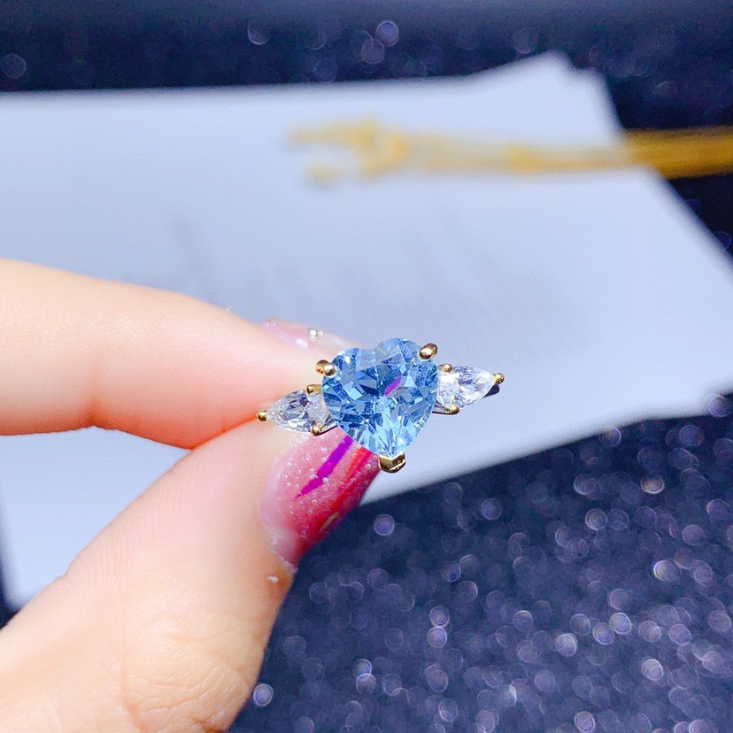 Goldkingdom Aksesoris Perhiasan Fashion Ready Stock Hati Alami Biru Langit Topa Batu Berwarna Harta Karun Cincin Yang Dapat Disesuaikan