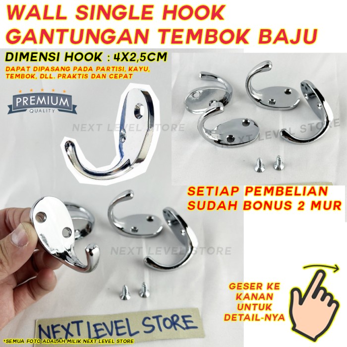 Gantungan Baju Single Hook Hanger Tempel Tembok Chrome Stainless