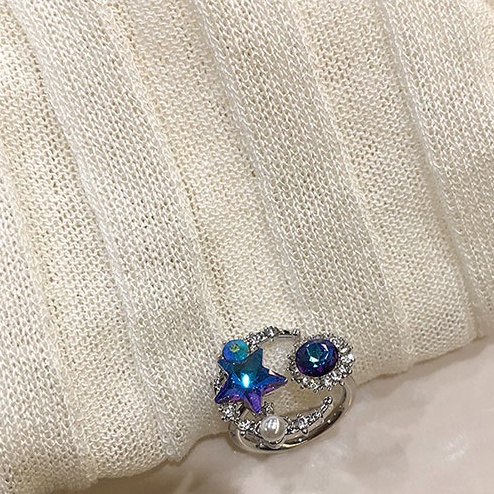 Mutiara Bulan Bintang Cincin Jari Berlian Indah Hadiah Fashion Elegan Cincin Planet Biru Sederhana Fashion Cincin Pesta Pernikahan Berlian Imitasi Bersinar Cincin Pembukaan Yang Dapat Disesuaikan Cincin