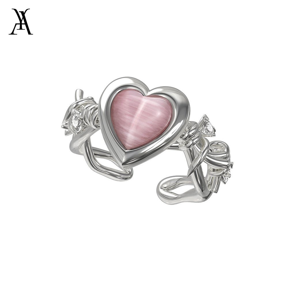 AY(CN) Cincin Silver Desain Hati Hias Kristal Moonstone Pink Untuk Wanita