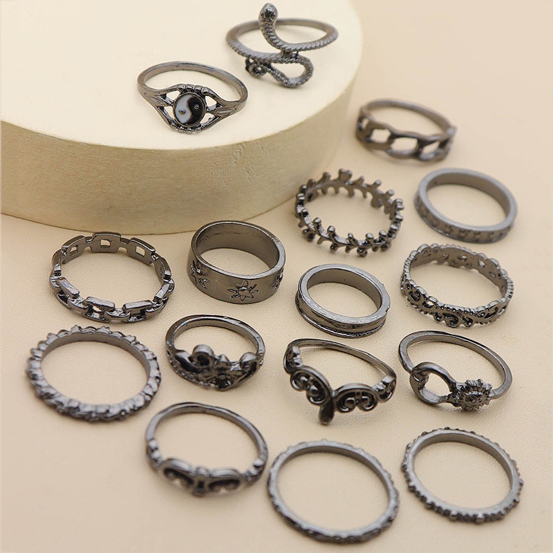 16pcs/set Retro Matahari Bulan Bunga Cincin Set Untuk Wanita Taichi Yinyang The Eight Diagrams Snake Ring Party Jewelry