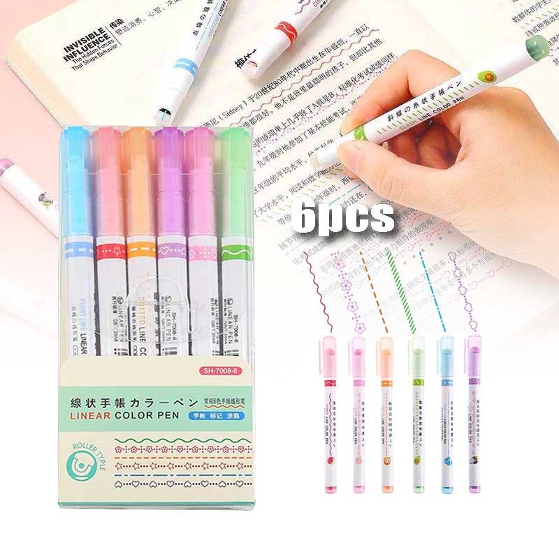 Curve Line Marker Line Marker Bunga Line Makers Curve Roller Highlighter Line Marker 6pcs/Set Spidol Garis Bentuk Bunga Line Makers Set Curve Roller Pen Untuk Berkreasi Menulis Buku Diary Atau Kartu Ucapan