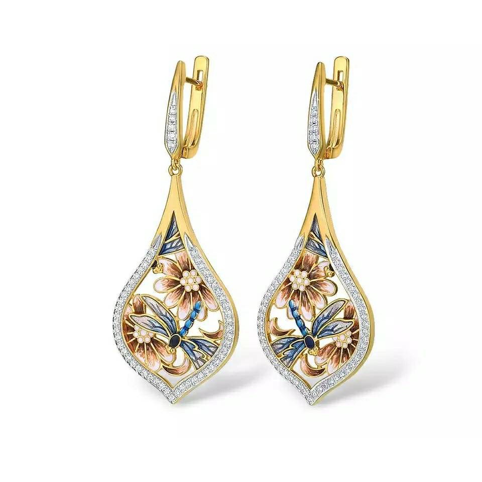 Goldkingdom Fashion Perhiasan Aksesoris Ready Stock Cloisonne Baru Menetes Capung Bunga Dicat Anting Eropa Dan 14 K Emas Asli Kadar 375 Kuning Penuh Berlian Imitasi Anting.