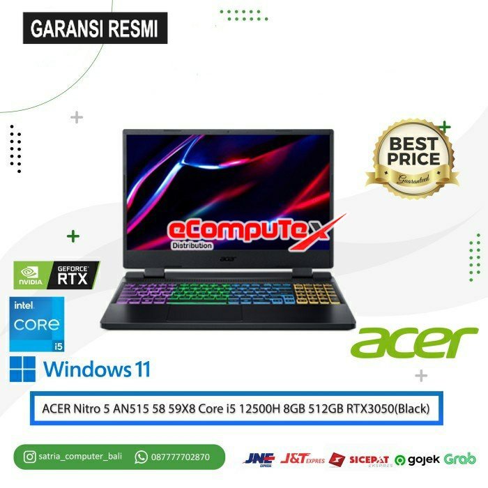 LAPTOP GAMING ACER NITRO 5 AN515-58-59X8 / CORE i5-12500H / NVIDIA GEFORCE RTX3050 4GB DDR6 RAM 8GB 512GB SSD 15.6&quot;FHD WIN11+OHS GARANSI RESMI