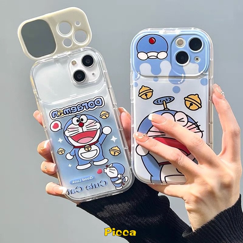 IPHONE Cover Ponsel Doraemon Kucing Kartun Lucu Kompatibel Untuk Iphone7 8 14 Plus11 13 12 14 Pro MAX XR X XS MAX SE 2020 Flip Make Up Mirror Case Shockproof Soft TPU Casing