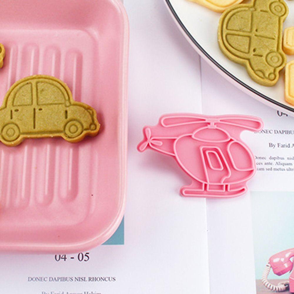 [Elegan] Cookie Cutters Pastry 6pcs/set Press Stamp Transportasi Kereta Bus Plastik Motor Helikopter Alat Dekorasi Kue