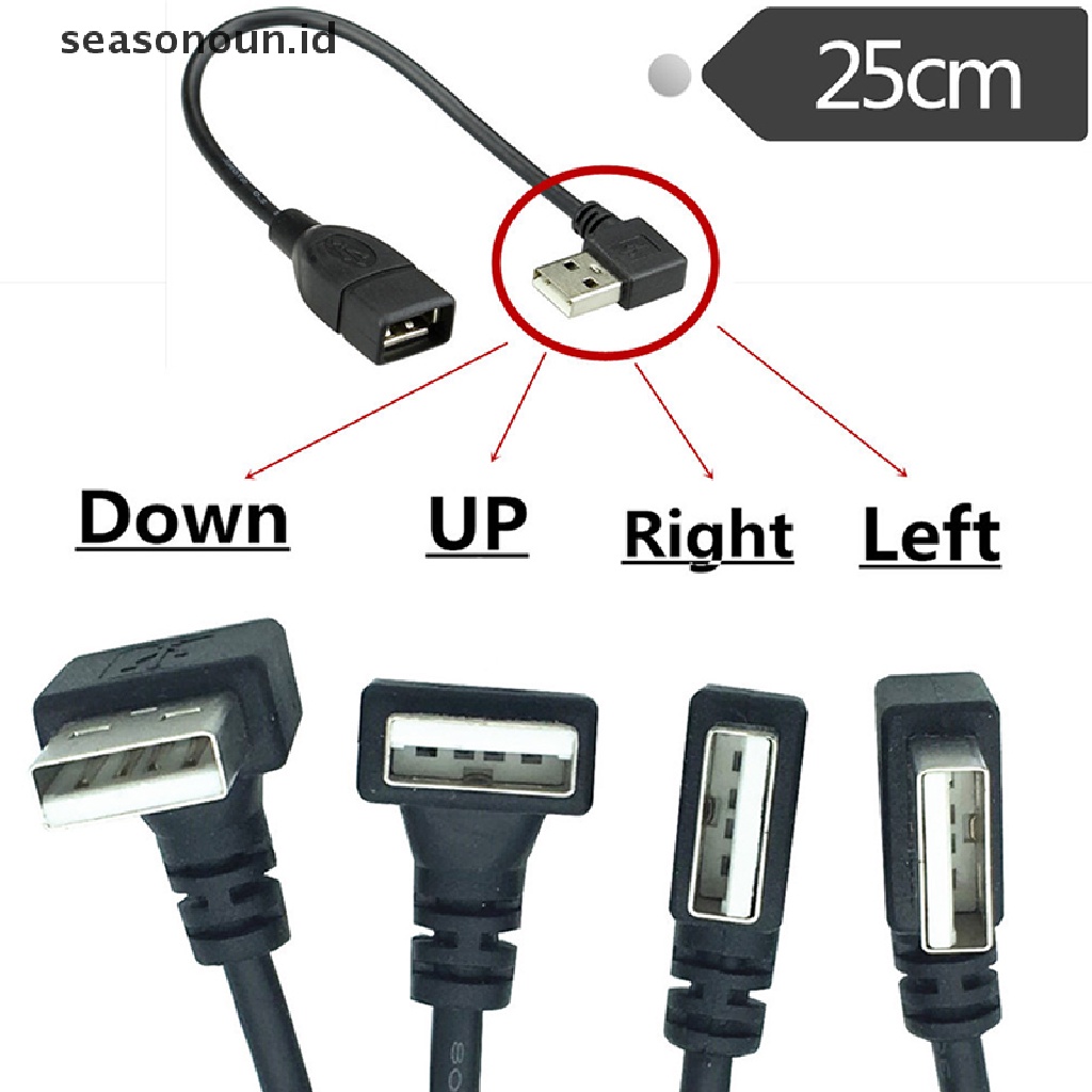 Seasonoun 90derajat Atas &amp; Bawah &amp; Kiri &amp; Kanan Siku USB 2.0 Tipe A Adaptor Kabel Ekspanding Male to Female Untuk Komputer PC.