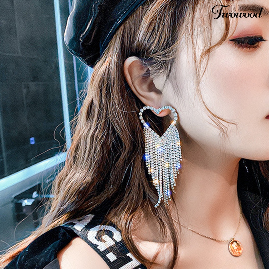 Twowood 1pasang Drop Earrings Bersinar Rumbai Panjang Glitter Semua Pertandingan Anti-Alergi Dekorasi Telinga Gaya Korea Temperamen Cinta Hati Penuh Berlian Imitasi Ear Studs Menjuntai Earrings