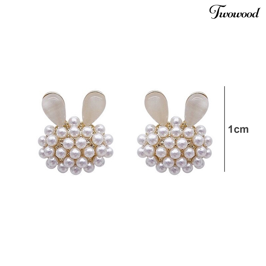 Twowood 1pasang Ear Studs Faux Opal Temperamen Elegan Lucu High Gloss Faux Pearl Rabbit Kelinci Wanita Anting Fashion Perhiasan