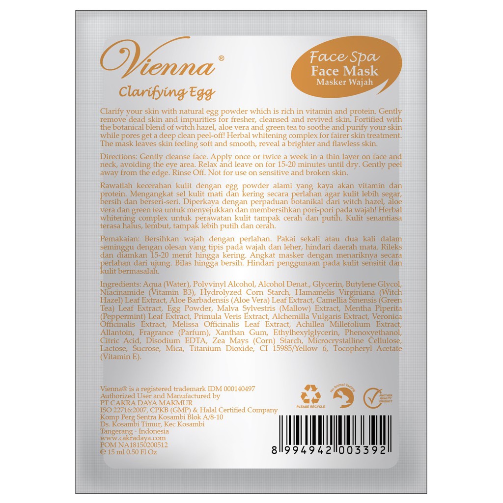 VIENNA FACE MASK PEEL OFF CLARIFYING EGG 15ML