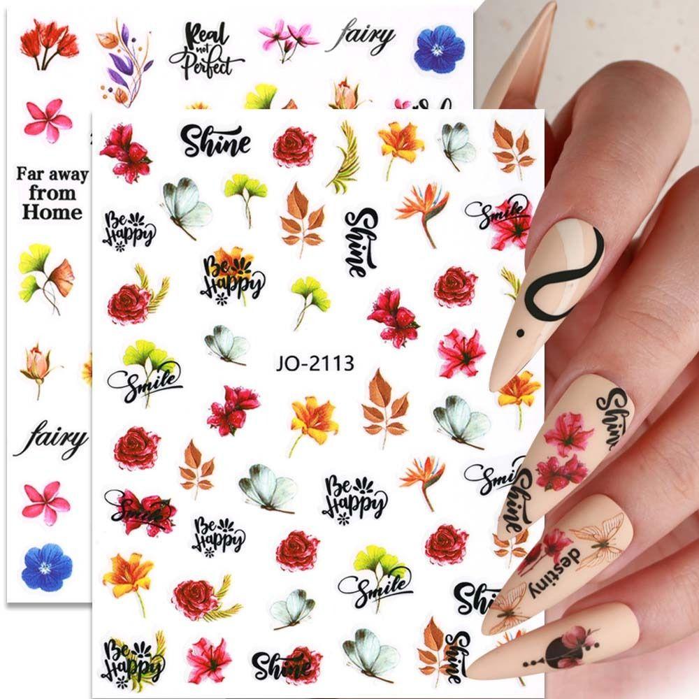 AUGUSTINA Agustina Bunga Stiker Kuku Wanita Self Adhesive Daun Rose Huruf Inggris Dekorasi Kuku