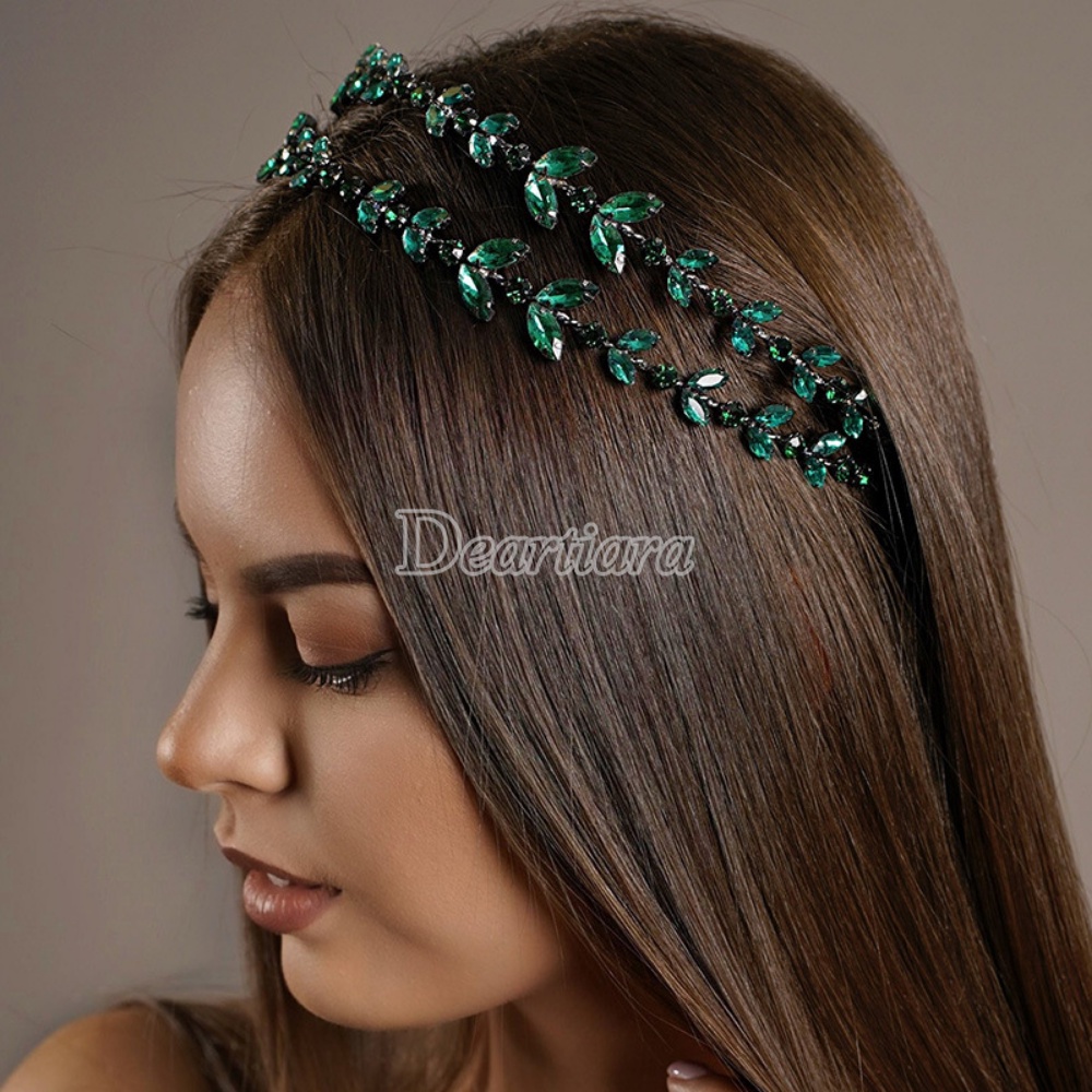 Cahaya Mewah Double Layer Hijau Kristal Rambut Band Eropa Dan Amerika Hiasan Kepala Fashion Temperamen Daun Pengantin Head Band