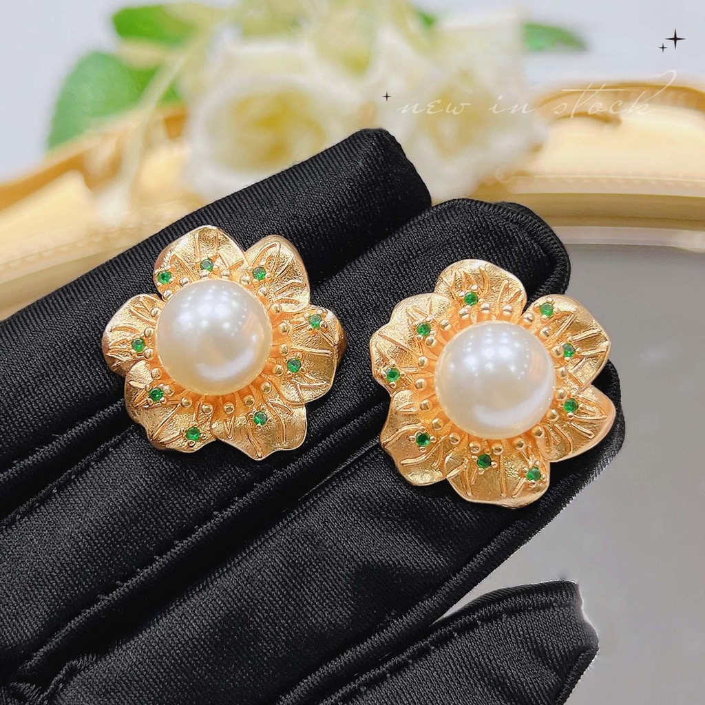 Goldkingdom Fashion Perhiasan Aksesoris Ready Stock French Vintage Pearl Stud Earrings Wanita Mewah Berlian Hijau Bunga Anting Cahaya Mewah Gaya