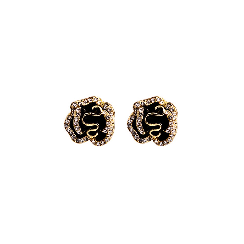 Gold Plated Black Flower Stud Earrings Vintage Elegant Floral Jewelry Women Wedding Party Gift