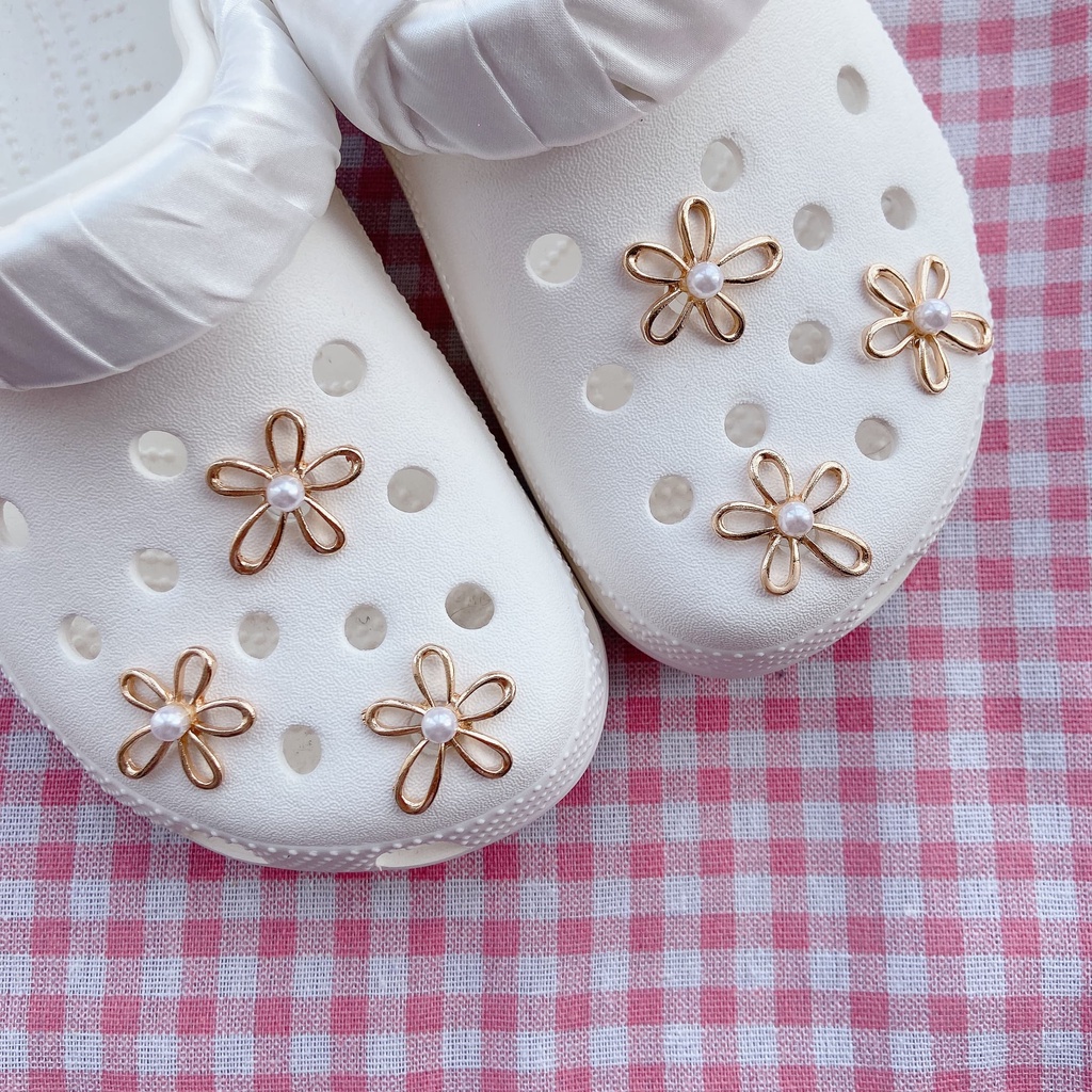 10pcs Pesona Sepatu Metal Pearl Daisy Crocs Jibbitz | Jibbitz Sepatu Crocs Hias Charm Kompatibel Dengan Sandal Untuk Wanita