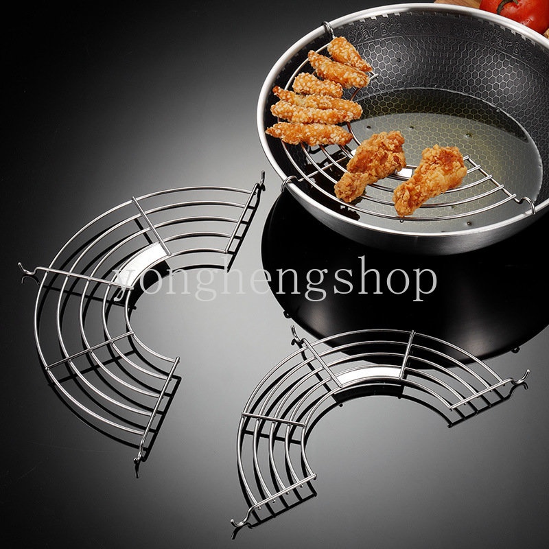 2pcs/set Stainless Steel Rak Tiris Minyak Setengah Lingkaran Rak Penggorengan Rak Wajan Minyak Drip Filter Anti Slip Alat Penyaringan Makanan Gorengan Rak Steam Gadget Dapur