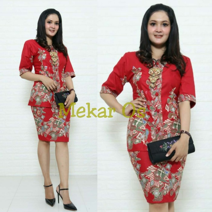 ✨LARIS✨ -Setelan Baju Batik / Rok Blus Kebaya Pramugari Kerang Merah - Merah, M-L- 1.2.23