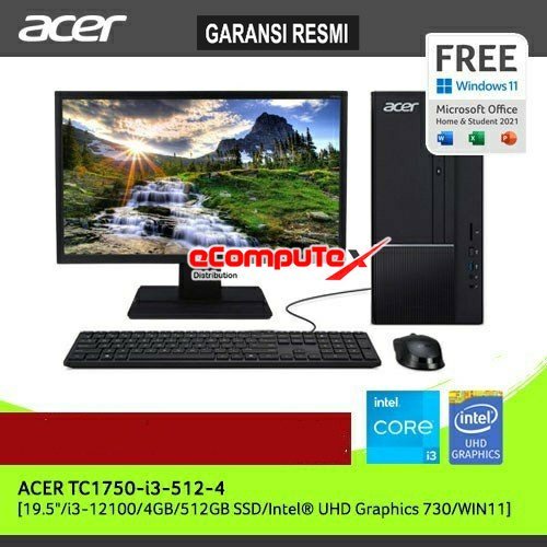 PC DESKTOP ACER ASPIRE TC-1750 INTEL CORE GEN i3-12100 / INTEL UHD GRAPHICS 730 / RAM 4GB 512GB SSD / DVDRW WIN 11+OHS 19.5&quot; GARANSI RESMI