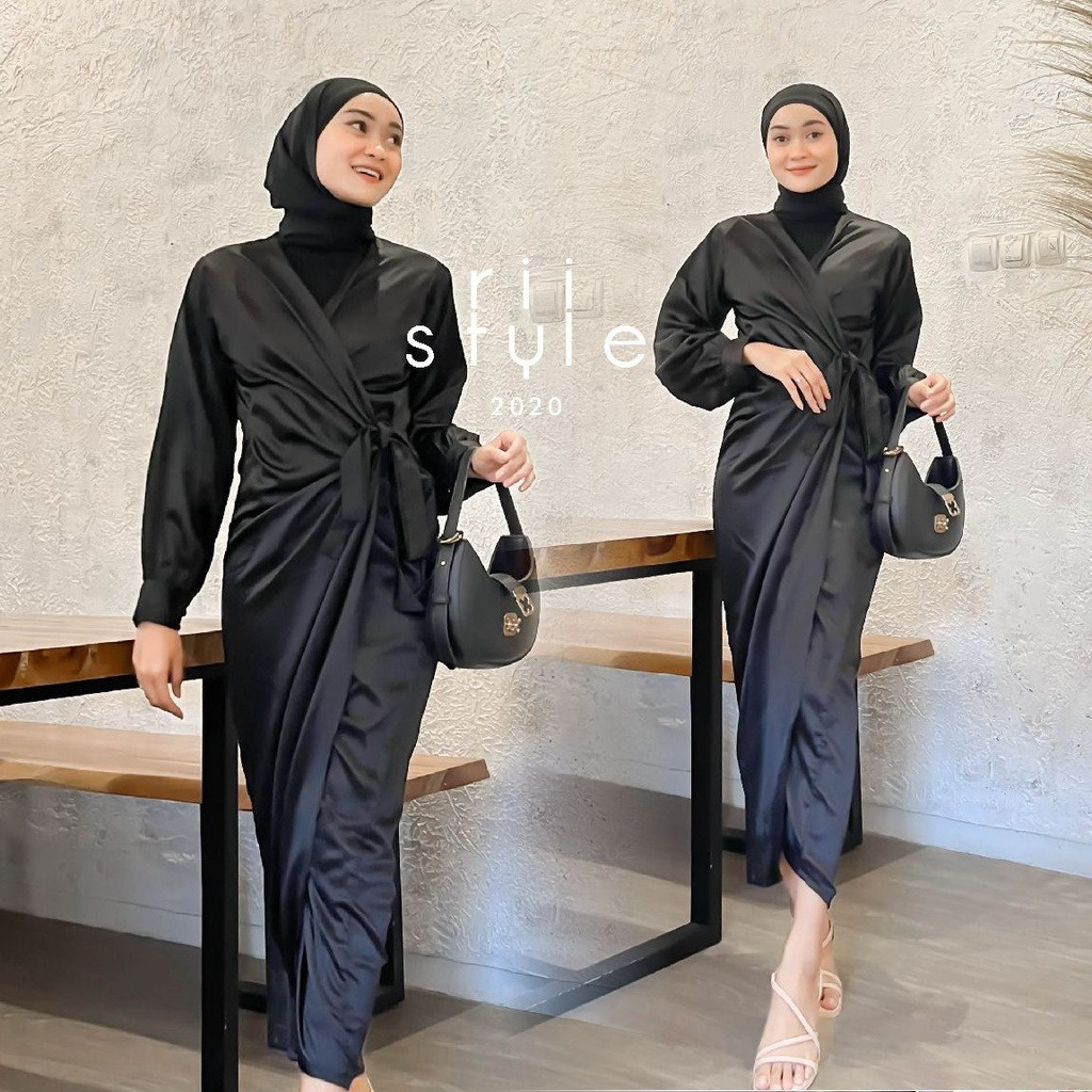 Arabell Satin Dress Hitam Polos Elegan Gamis Seragam Kondangan Kekinian Gaun Pesta Wanita Muslim Pak