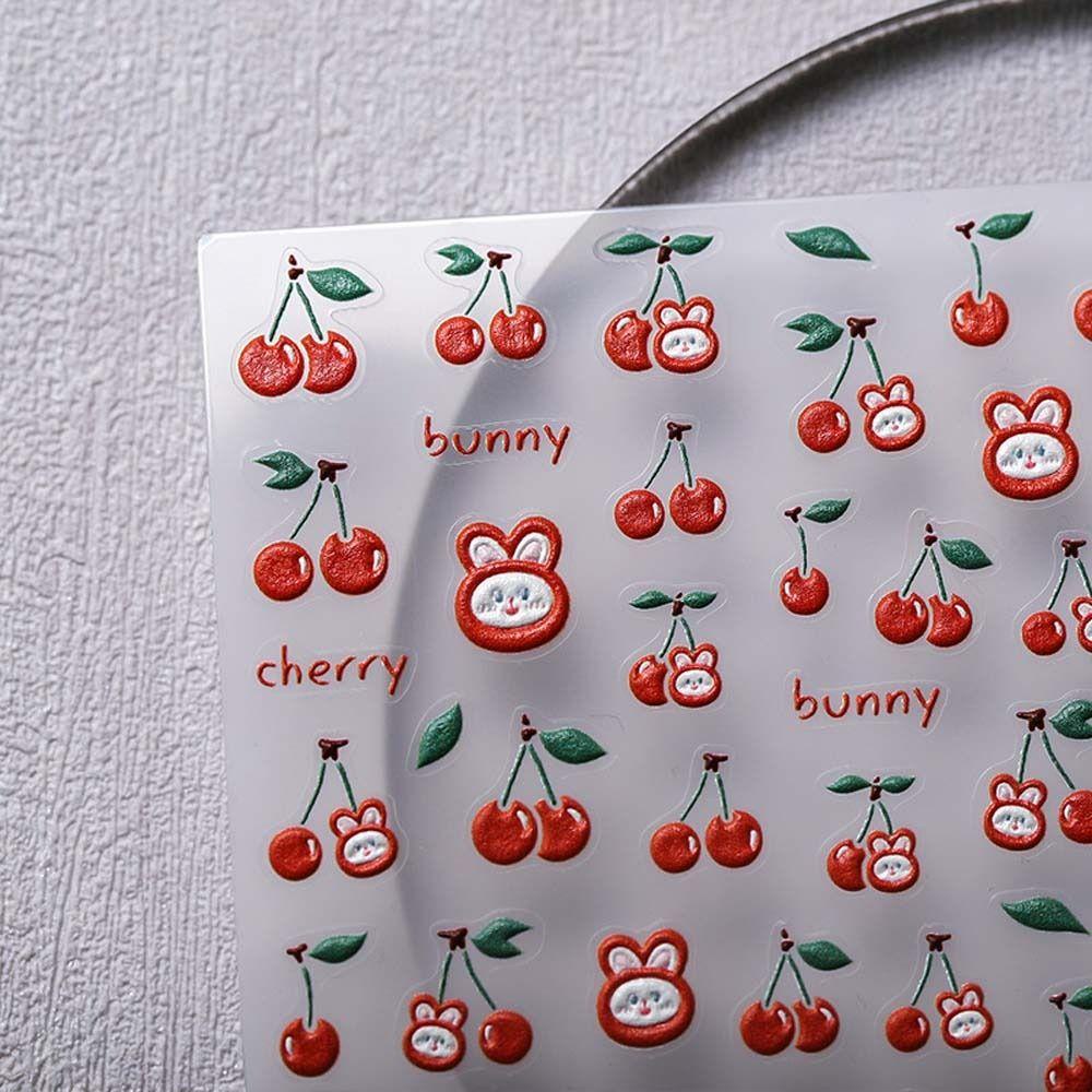 [Elegan] Kartun Stiker Kuku Lucu Perekat Diri Kelinci Cinta Hati Cherry Bears Dekorasi Kuku