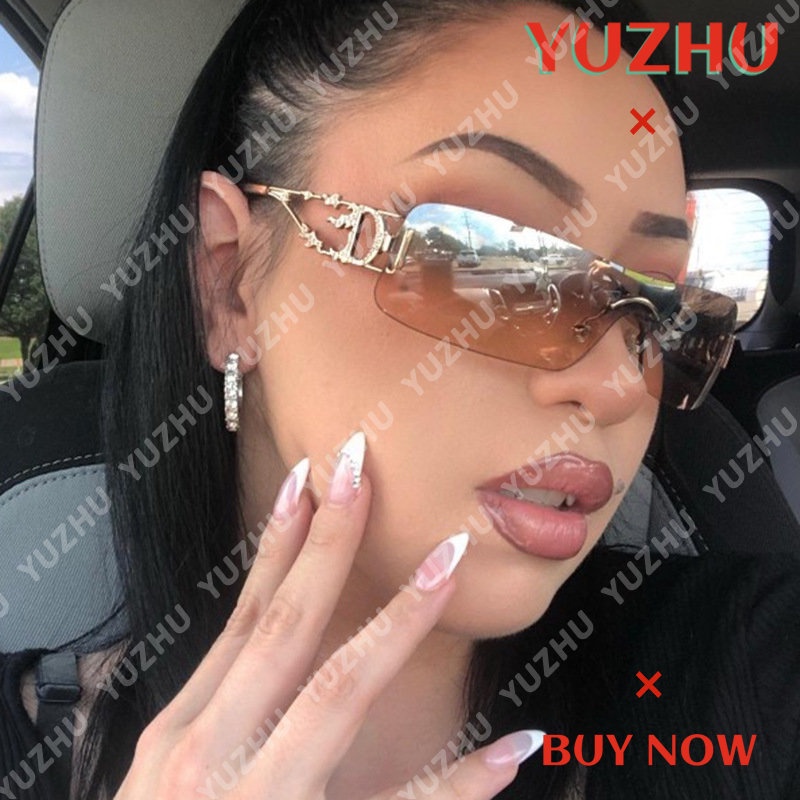 (YUZHU) Gaya Desain Mode Barat One-piece Frameless Sunglasses Bella Metal Hollow Temple Sunglasses Female