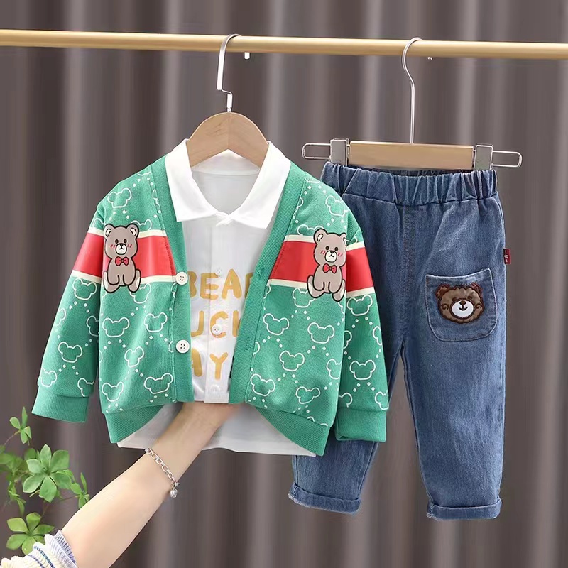 C134 - Setelan Cardigan Rajut 3in1 Anak Laki  / Setelan Baju Keren Import Anak Cowok / Set Jeans Luc