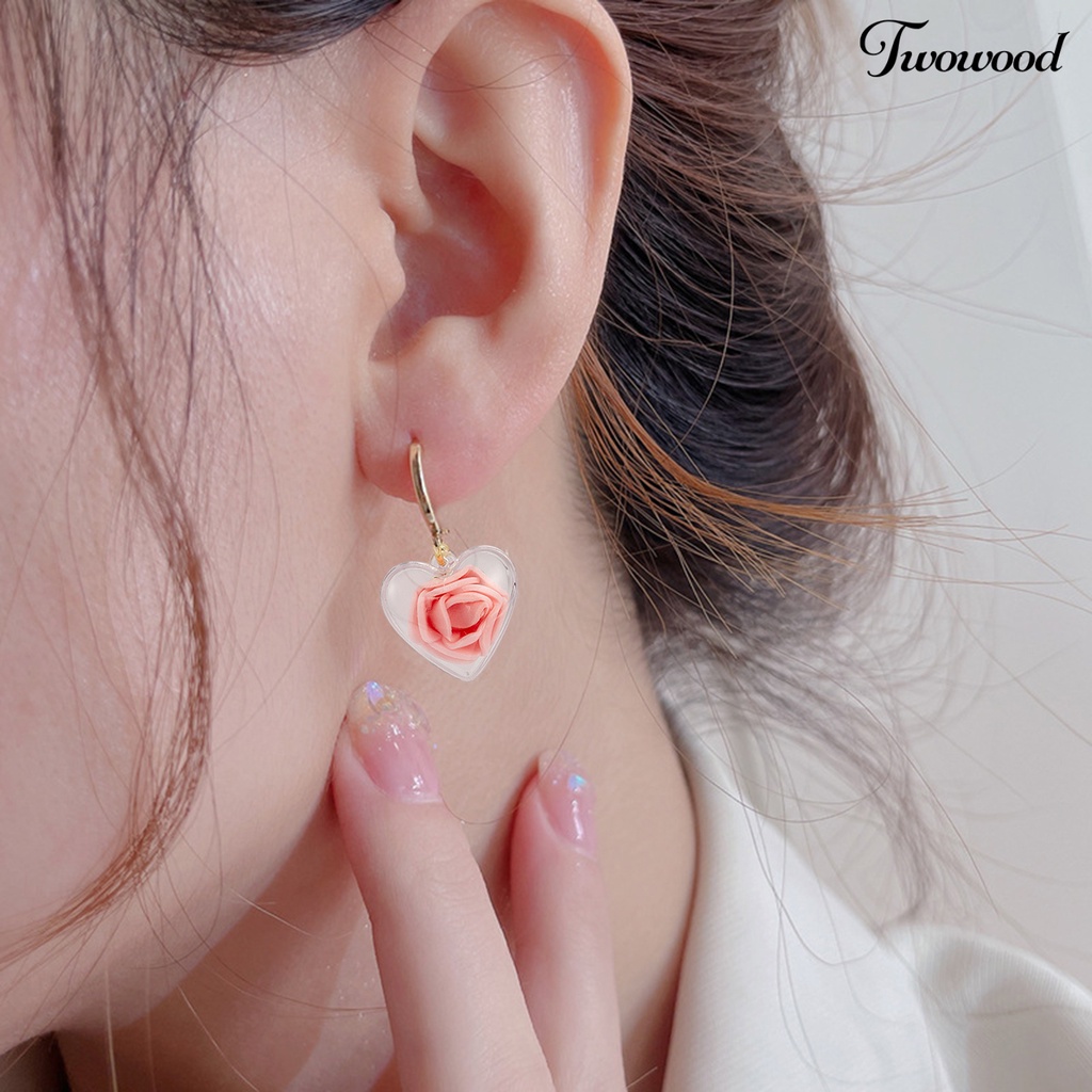 Twowood 1pasang Anting Menjuntai Transparan Berbentuk Hati Elegan Hypoallergenic Ringan Hadiah Fashion Perhiasan Putih Merah Bunga Mawar Dekorasi Drop Earrings Untuk Hari Valentine