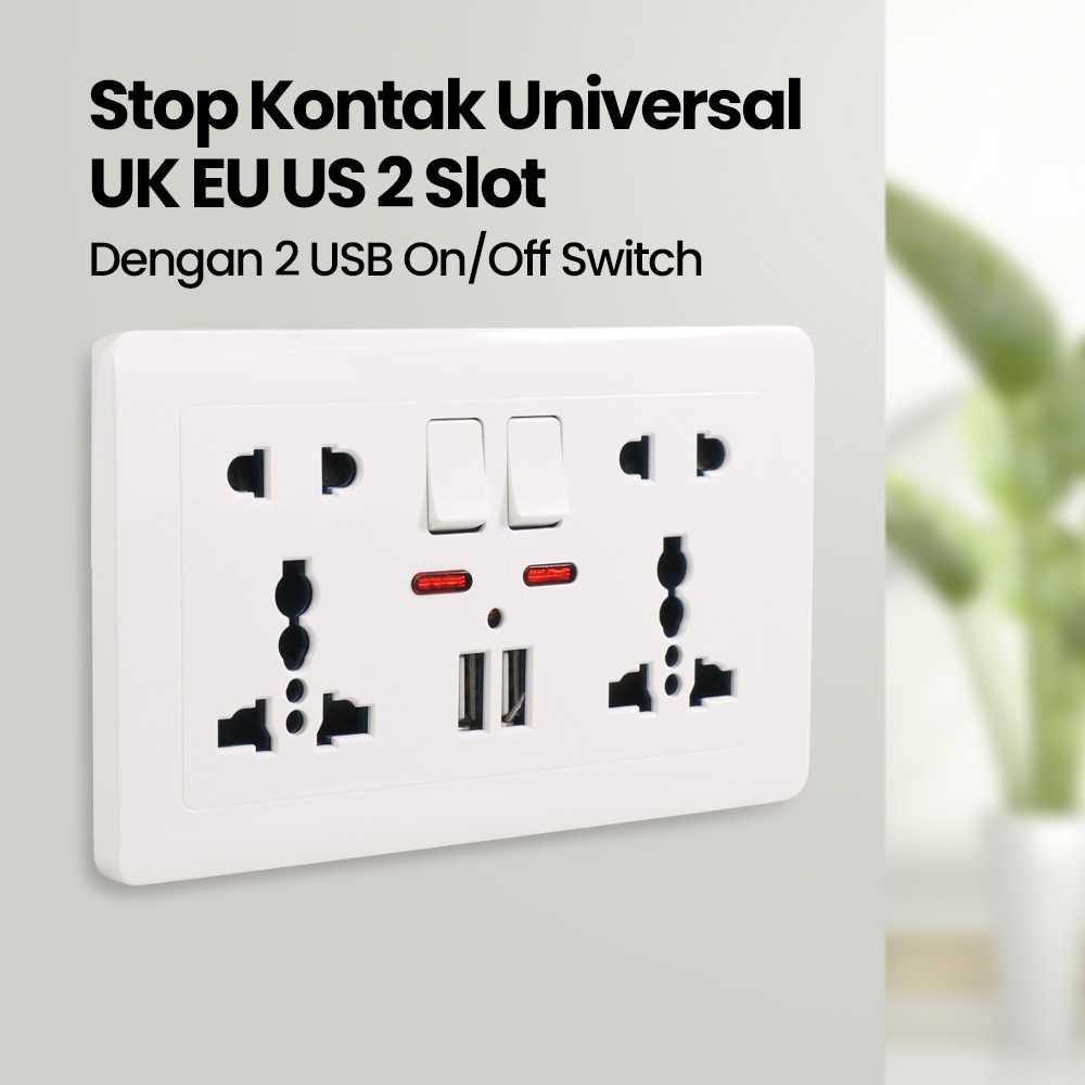 (BISA COD) FTIHSHP Wallpad Stop Kontak Universal UK EU US 2 Slot with 2 USB On/Off Switch - LC-86