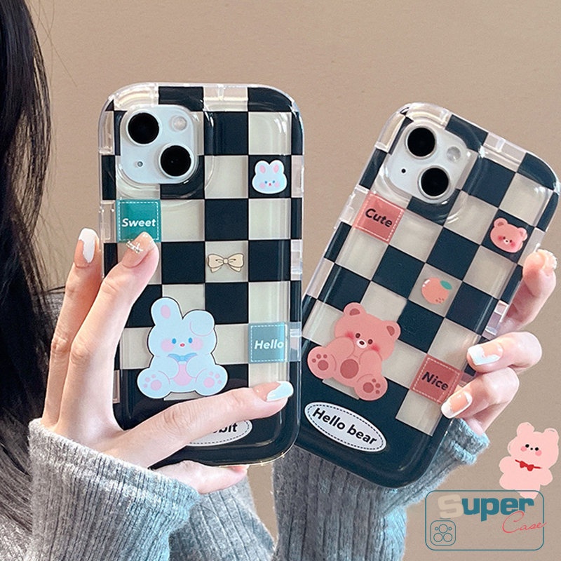 Untuk Oppo A16 A15 A17 A55 A3s A5s A76 A54 A1K Reno 4F 5a17k A12 A57 A5 A9 A95 A53 A74 A7 A16s A16K A77s A77 A33 A92 A31 A52 A16E A35 A15s Pasangan Cute Rabbit Bear Kotak-Kotak Case