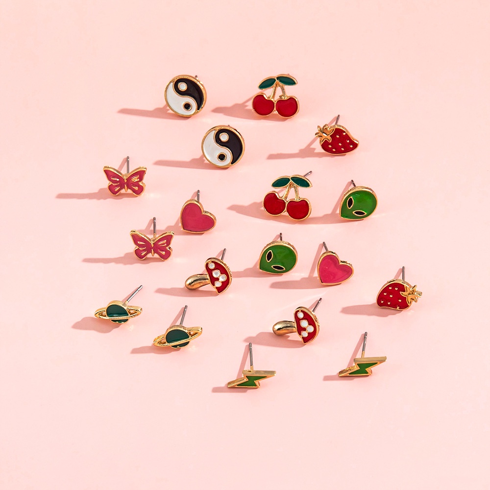 Lucu Dan Menarik Buah Cherry Strawberry Kupu-Kupu Petir Alien Yin Dan Yang Anting Set Kepribadian Kreatif Anting Warna