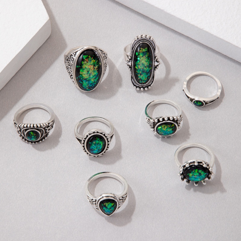 8pcs/set Cincin Kepribadian Vintage Baru Unisex Berlebihan Imitasi Opal Oval Charms Hadiah Jewlery Jari