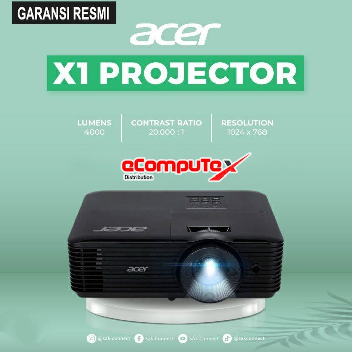 PROYEKTOR ACER X1 DLP XGA 4000 LUMENS / PROJECTOR ACER X1 UP TO 5.000 HOURS LAMP LIFE GARANSI RESMI