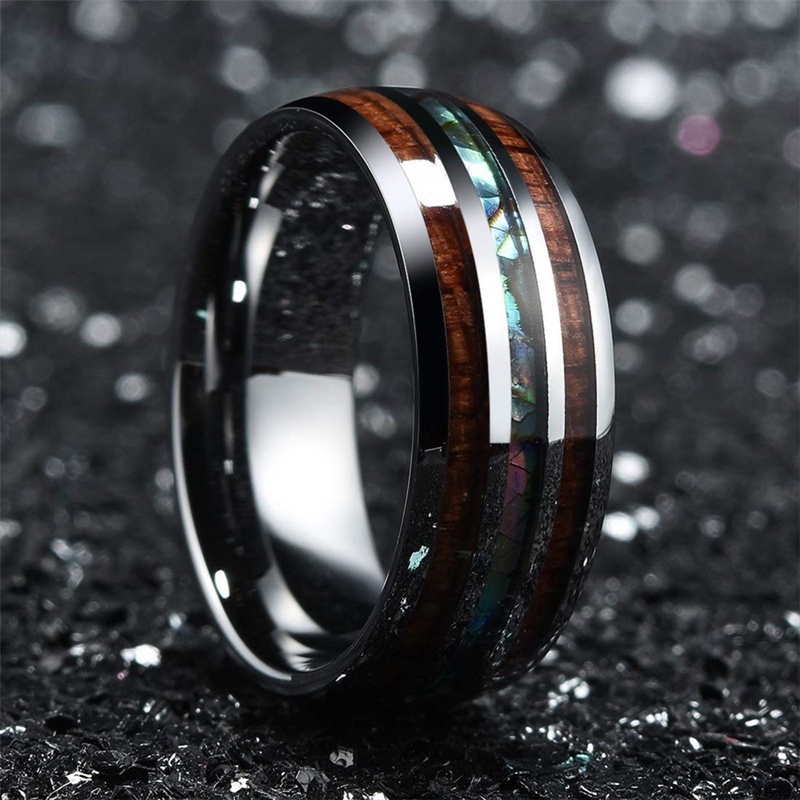 Pria Wanita Kepribadian Fashion Kayu Barel Stainless Steel Cincin Serat Kayu Hitam Bertatahkan Kepribadian Pertunangan Pernikahan Ring