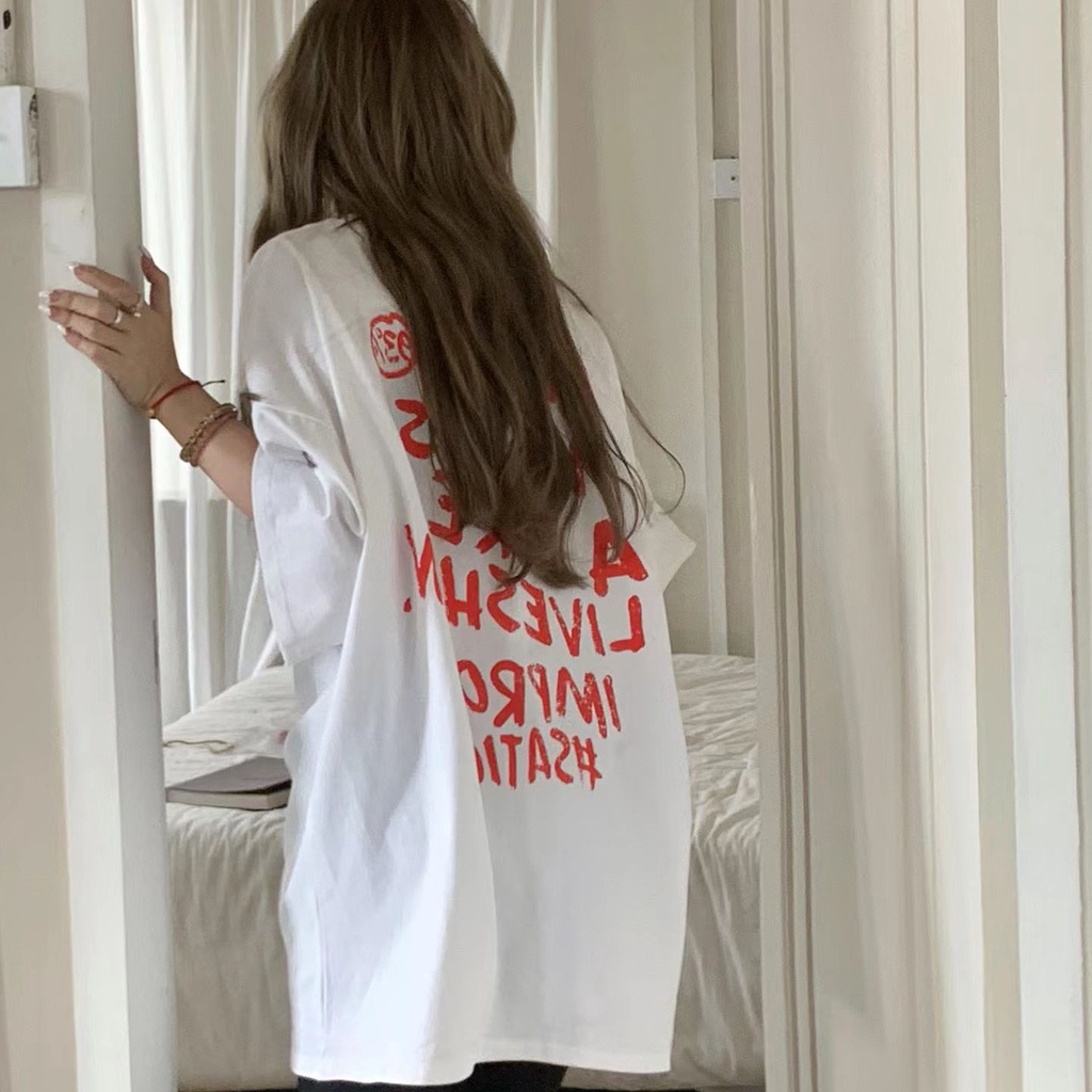 THISTLE - Oversize Tee Tshirt Wanita Model Longgar Motif Tulisan Merah Depan Belakang